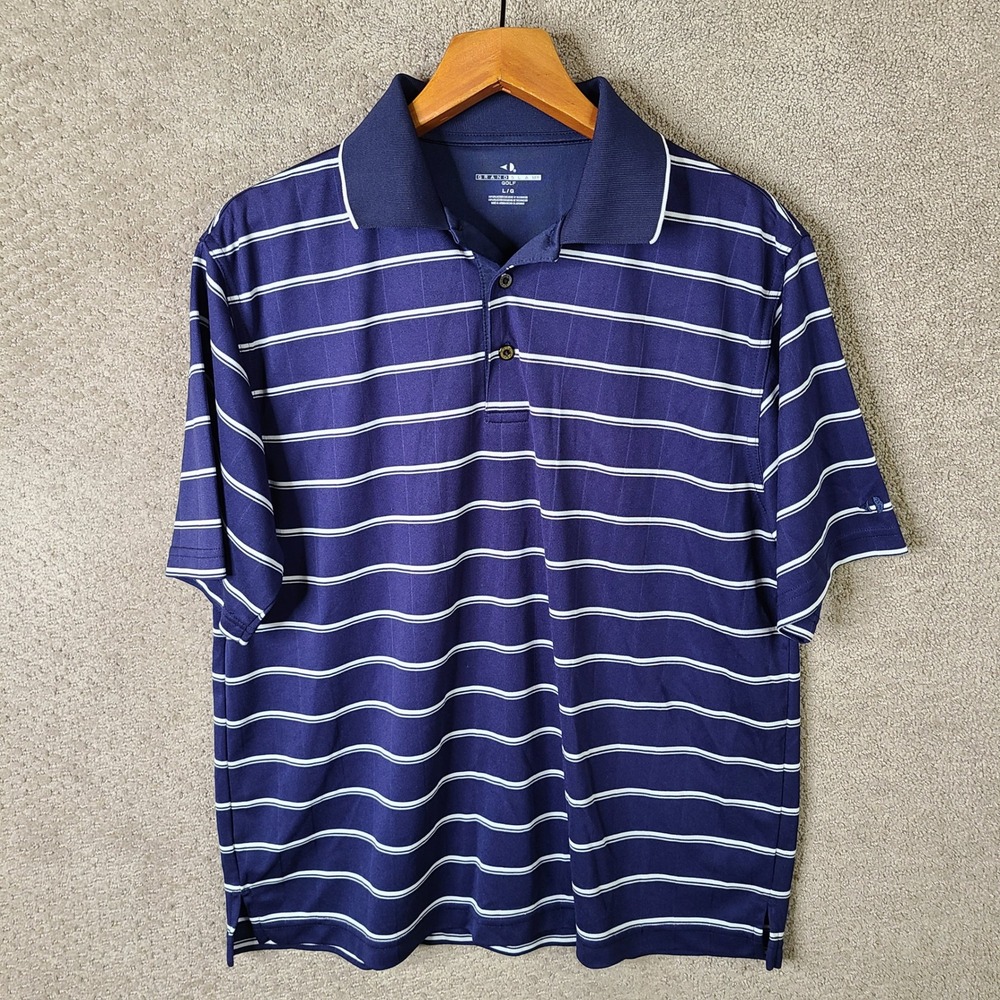 Grand Slam Shirt Men L Blue Striped Polo Performance Polyester Short Sleeve Golf